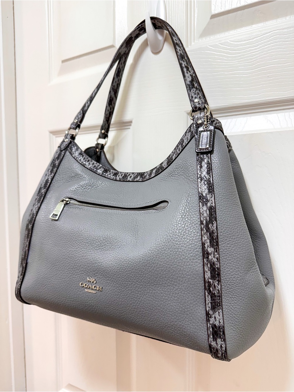 Coach Kristy Granite Grey Pebbled Leather Python Embossed Shoulder Bag - Picture 3 of 13